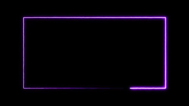 Abstract violet neon rectangle frame animation with dynamic single light streak, vibrant purple geometric particle path isolated on black background 4K