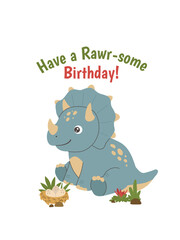 Cute cartoon triceratops sitting next to a nest with eggs. Kids birthday greeting card with funny lettering text. Vector illustration. © Elena