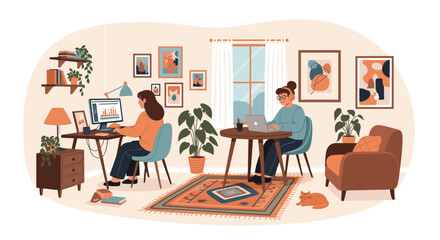 Fototapeta premium Cozy home office interior scene with two women working on laptops at a desk and table surrounded by plants and cat.