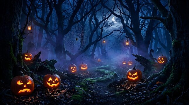 Scary glowing pumpkins in a dark spooky forest at night illustration