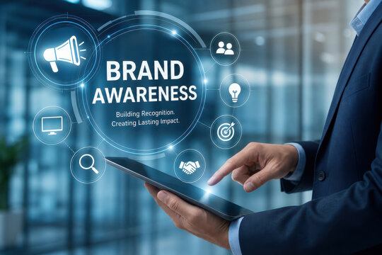 Brand awareness marketing concept with businessman using tablet and digital icons for recognition and engagement, professional technology interface conveying strategy and communication