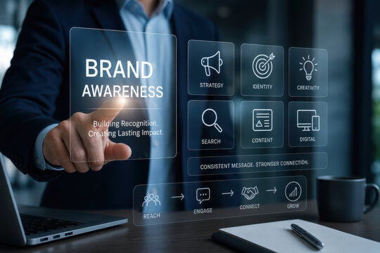 Brand awareness strategy identity creativity search content digital reach engage connect grow, businessman touching transparent interface highlighting brand awareness and marketing concepts with