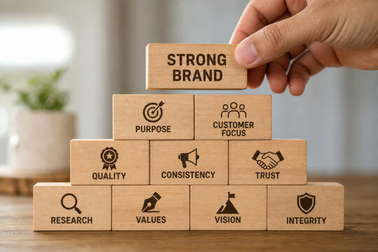 Strong brand wooden block pyramid showing marketing and business values including purpose, customer focus, quality, consistency and trust