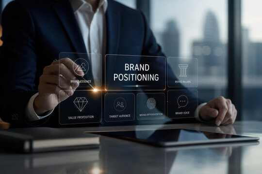 Business professional in suit interacting with transparent touchscreen displaying brand positioning strategy and marketing icons, modern office background with tablet and notebook