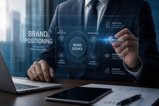 Professional Brand Positioning Concept with Business Executive and Interactive Corporate Interface