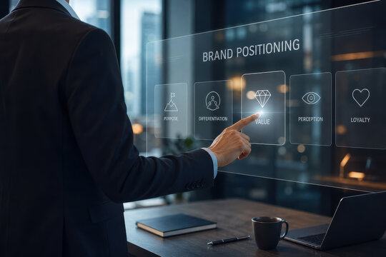 Brand positioning value differentiation perception loyalty purpose business strategy concept displayed on transparent touchscreen in modern office with executive pointing