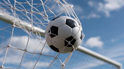 Naklejka premium Soccer ball hitting the net of a goal against a blue sky, symbolizing success and achievement