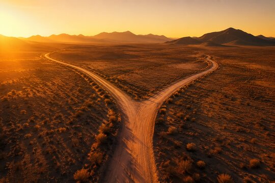 Aerial view of a desert road splitting into two paths under golden hour sunlight.
