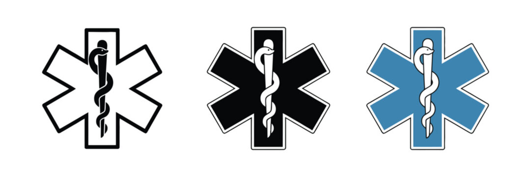 Medical Emergency Star of Life Icons in Three Styles, EMS Symbol for Ambulance, First Aid, Healthcare, Rescue and Emergency Services