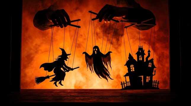 Spooky marionette puppets of a witch, ghost, and haunted house controlled by hands against a fiery orange background with smoke.