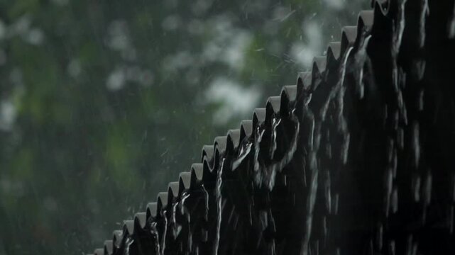 Extreme close up slow motion footage of heavy rain pouring down corrugated roof tiles with a blurry green foliage background during a severe monsoon downpour.
