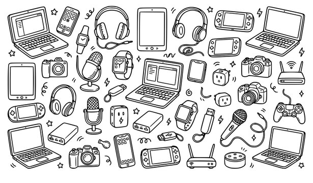 Digital Device Doodle Set Black and White with Smartphones Laptops and Smart Tech