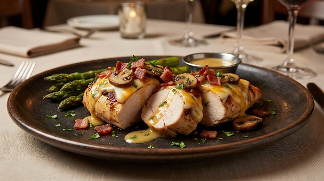 Sliced Alice Springs chicken breast with melted cheese, bacon, mushrooms, and asparagus spears.