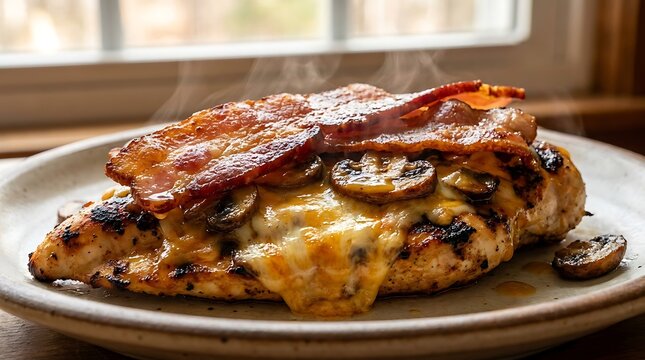Steaming hot Alice Springs chicken breast with melted cheese, bacon, and mushrooms on a plate.