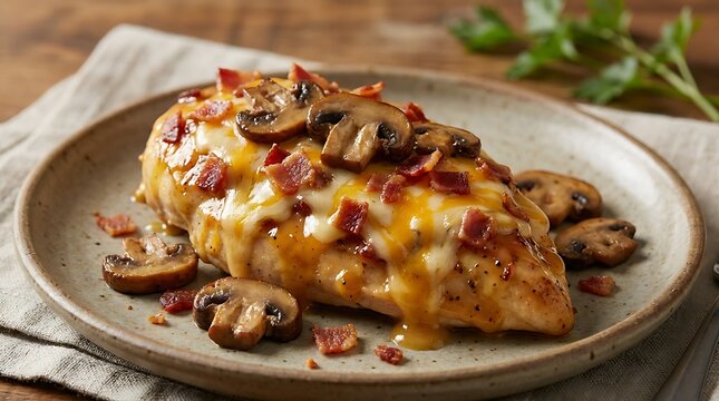Delicious Alice Springs chicken breast covered in melted cheese, bacon, and sauteed mushrooms.