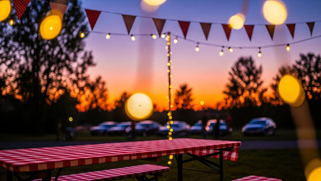 Colorful outdoor party setup with string lights bunting and picnic tables at sunset creating a festive atmosphere for gatherings and celebrations