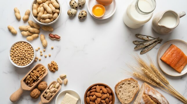 Circular flatlay of major allergen foods including nuts soy fish wheat milk and eggs for food allergy awareness background and educational flyer. Copy space