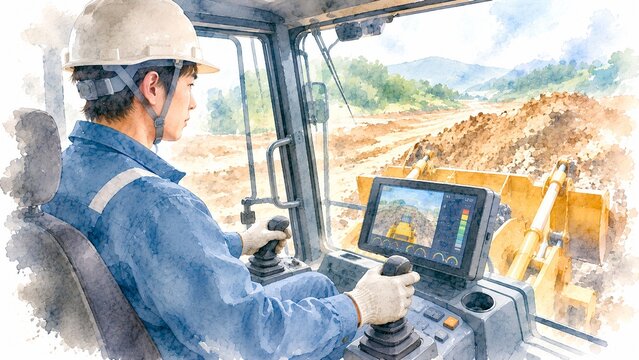 建設現場でショベルカーを操縦するヘルメット姿の男性作業員の水彩イラスト