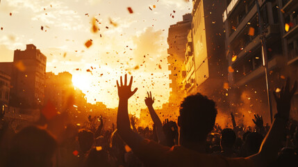 Fototapeta premium Energetic Festival Crowd Celebrating with Confetti at Sunset