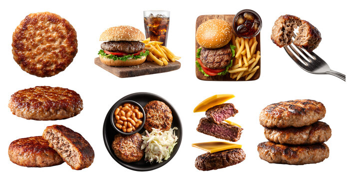 Set of meat patty patties, ground beef pork veggie, sliced bitten barbecue bbq grilled, fork, serving board of burger with fries cola, plate with bean coleslaw, cheese, transparent cutout PNG mockup