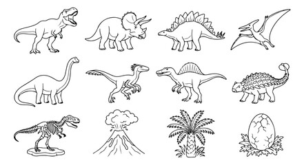 Dinosaur vector line art collection, prehistoric animal illustrations, Jurassic era creatures, ancient world elements for educational content and kids' designs © Carter