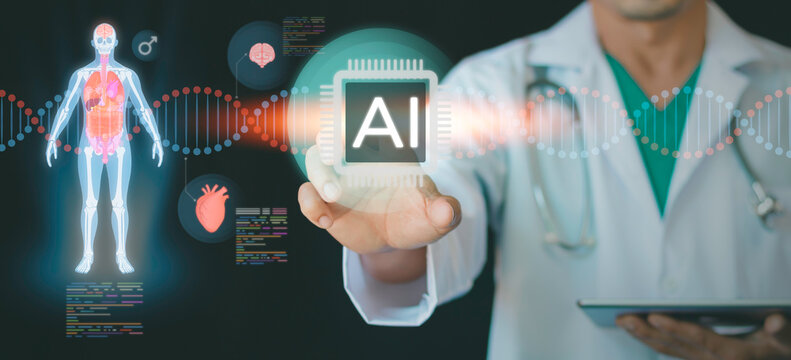 Medical professional using futuristic AI digital technology for healthcare innovation. Doctor analyzing virtual data interface for patient treatment, telemedicine, and precision medicine.