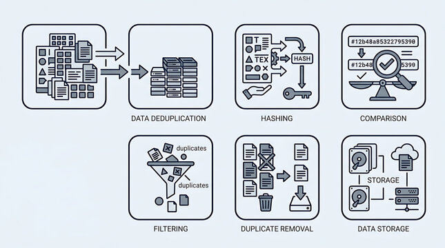 The RJ_ZWOB0S_VF illustration displays various data management icons including deduplication, hashing, comparison, filtering, duplicate removal, and data storage.