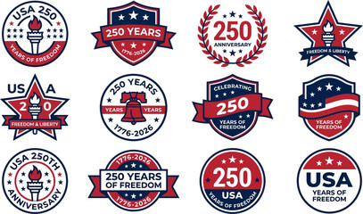 USA 250th anniversary patriotic badges and labels for freedom celebration  various American independence day emblems © Badhon