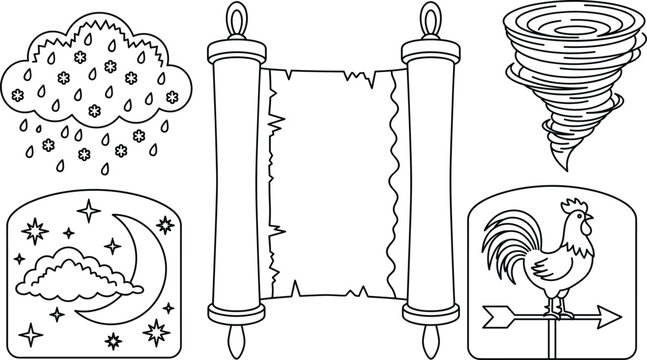 Weather and nature line icon set featuring snow cloud scroll paper tornado night moon and rooster weather vane