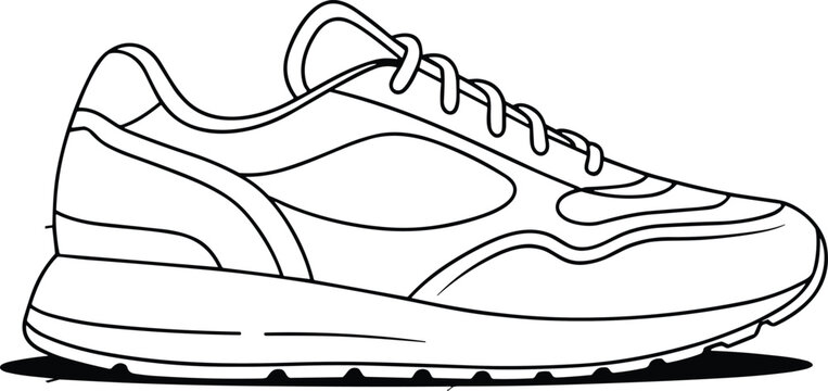 Cad drawing flat vector illustration, black and white sneaker outline, side view shoe sketch, footwear design blueprint, fashion concept
