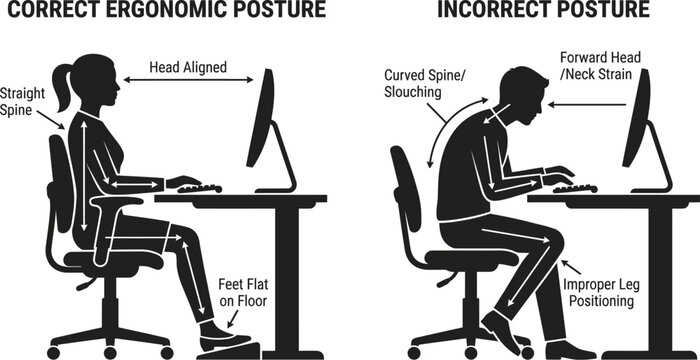 correct and incorrect ergonomic posture at desk with computer  proper sitting position