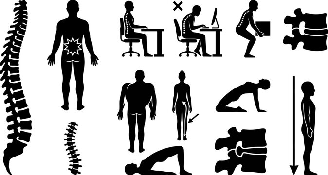 black silhouettes showing various human postures and spine problems with pain and proper alignment