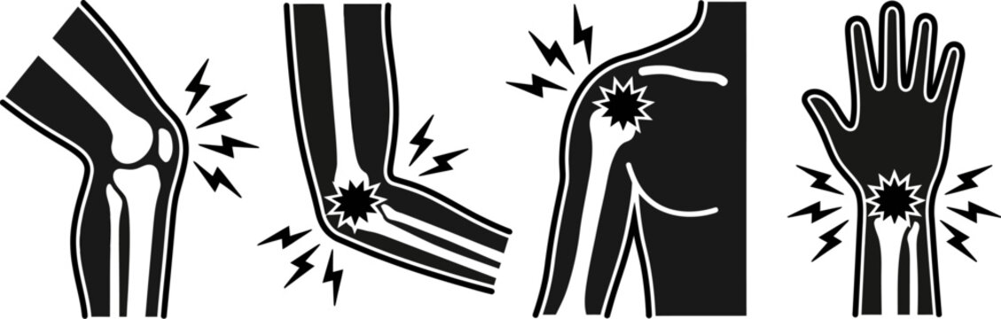 Black and white illustrations of human body joints with pain  knee elbow hip and wrist with lightning bolts
