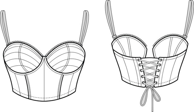 Cad drawing flat vector illustration, bustier corset fashion design, technical garment sketch, structured top front back view