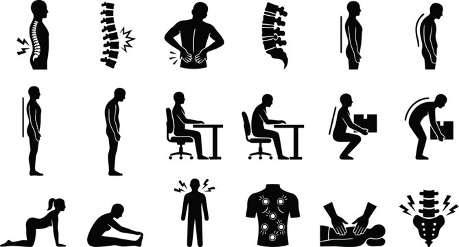 black silhouettes of people with various back and spine problems and exercises to relieve pain