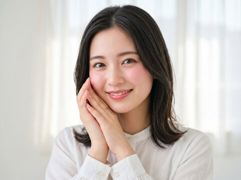 微笑みながら両手を頬に添えて照れる女性