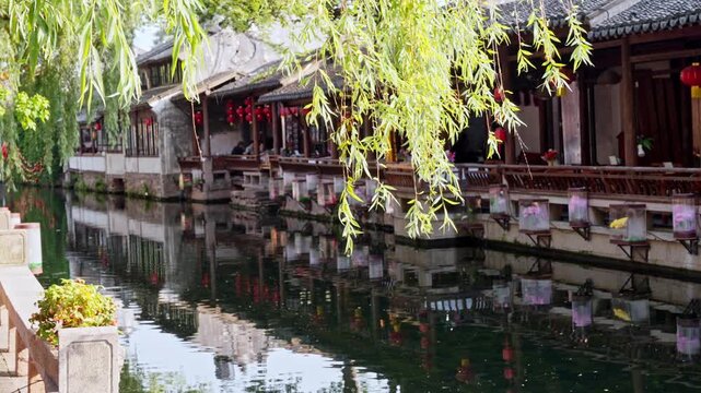 Willow branches sway gently over a calm canal lined with traditional Chinese architecture in Zhouzhuang. Ideal for cultural documentaries or travel features.