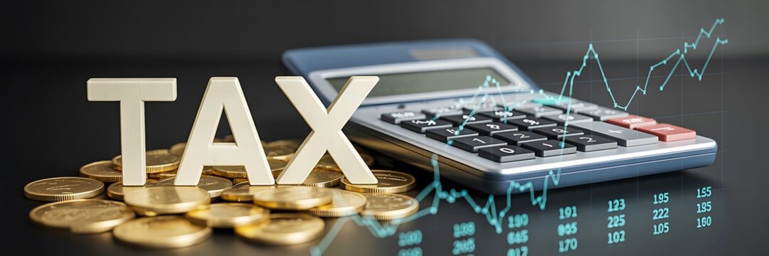 Tax calculation concept with calculator coins and financial accounting analysis