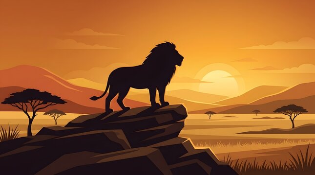 Majestic lion standing on a rocky outcrop at sunset in savannah