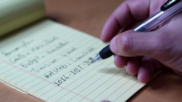 a hand using a pen to write long-term business goals and future timeline plans on a yellow lined notepad. The planner outlines ad budgets and next steps on a wooden office desk.