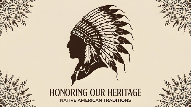 Native american heritage symbol with traditional feathered headdress and patterns