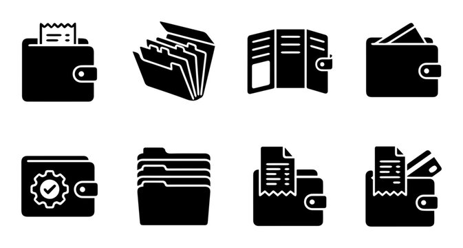 Wallet icons, black and white, 8 wallet graphics, vector illustrations, financial symbols