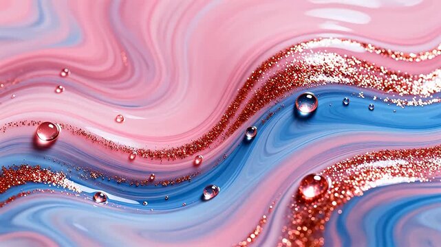 Abstract swirling pink and blue liquid with glitter
