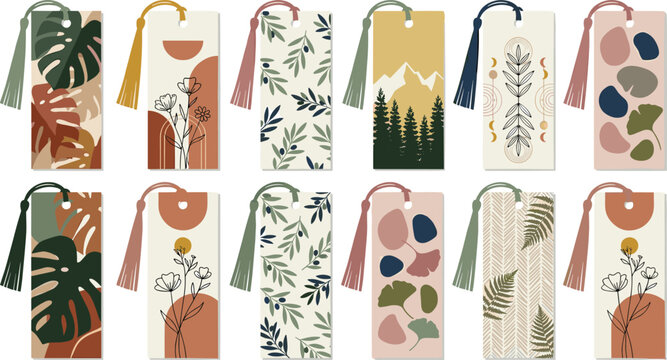 Beautiful bohemian aesthetic bookmark printable template collection vector set featuring minimalist botanical monstera leaves line art flowers mountains and abstract shapes with tassels.