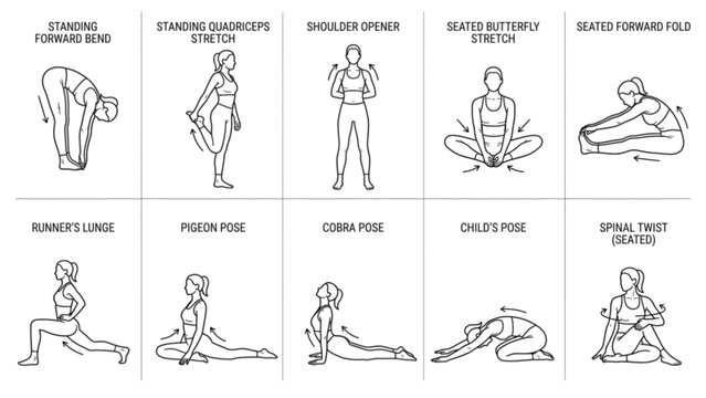 Stretching Flexibility Exercise Poses Line Art Collection | 10 Premium Rehabilitation Vector Pack