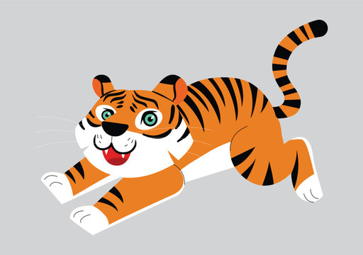 Cute cartoon tiger cub jumping cheerfully isolated on a grey background.

Vector illustration of a happy smiling baby tiger running playfully with dynamic pose.