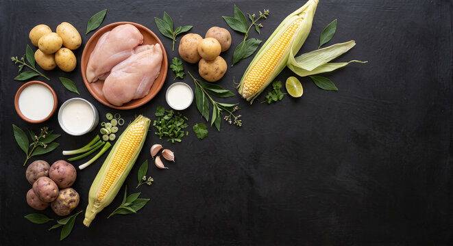 Overhead photo of Colombian Ajiaco chicken soup ingredients on La Chamba clay