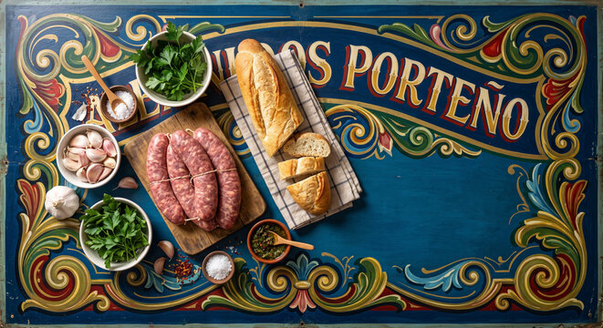 Top down view of Argentine Choripan sausage ingredients on Fileteado painted sign