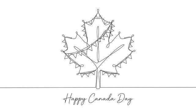 Continuous line drawing animation of Canada Day maple leaf with festive bunting.