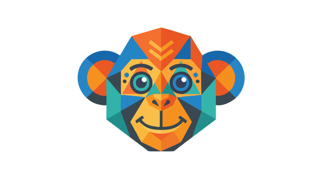 Vibrant geometric illustration of a smiling monkey face with colorful patterns